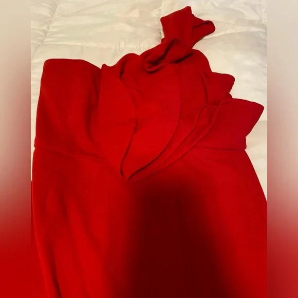 Lulu's Red Kiss Me Again Formal Maxi Gown with Asymmetric Ruffles & Slit - Picture 4 of 8